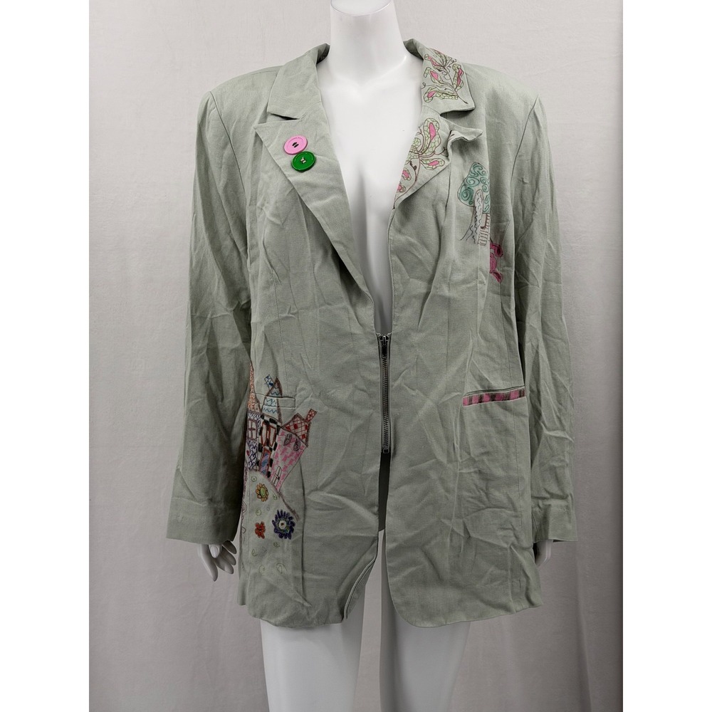 Eloquii Jacket Womens 20 Green Graphic‎ Artsy Whimsical Boho Linen Blend Teacher